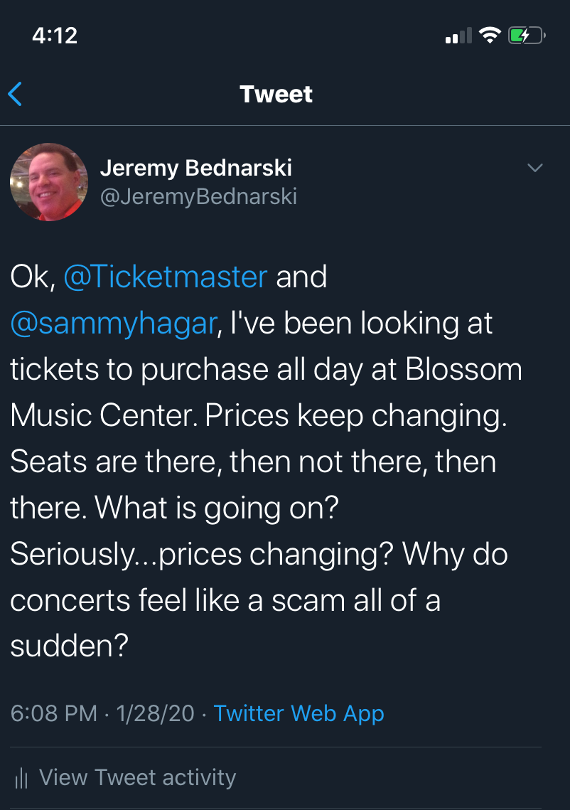 My Tweet to Ticketmaster and Sammy Hagar